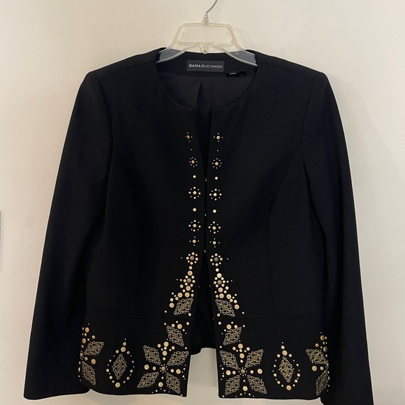 Dana Buchman Tailored Black Wool Blazer with Brass Metal Pattern Elegant - Picture 11 of 11